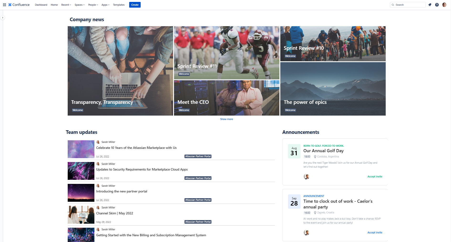 Company news in Confluence example