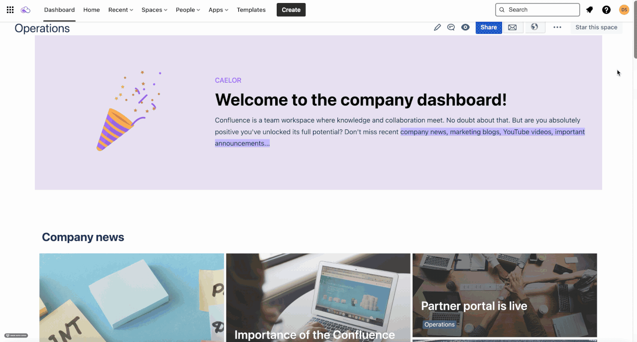 Confluence-dashboard-with-Caelor-apps