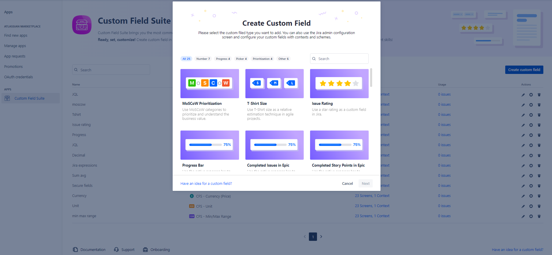 Custom field suite field creation screen